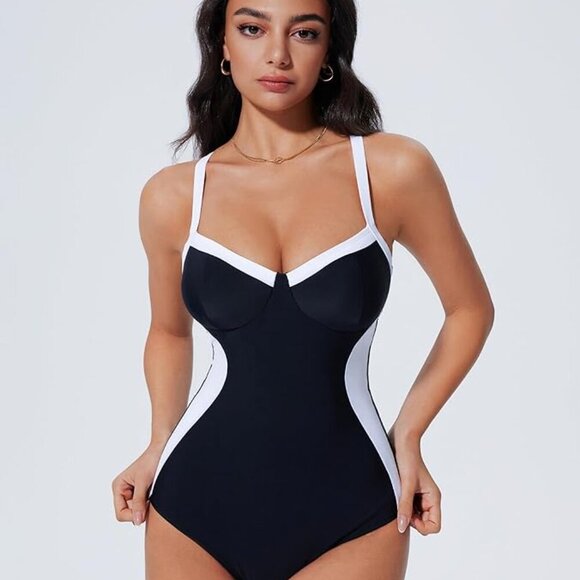 Tummy Control One Piece Swimsuit Sexy Crisscross Back Bathing Suit - Picture 5 of 7